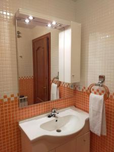 y baño con lavabo y espejo. en CAN PLANAS Soleado, amplio con vistas y parking, en Sant Joan de les Abadesses