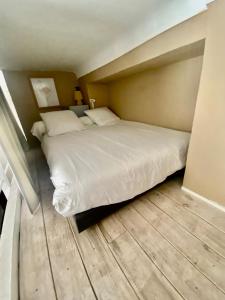 カンヌにあるMini Duplex 50m du Vieux Portのウッドフロアのベッドルーム1室(大きな白いベッド1台付)
