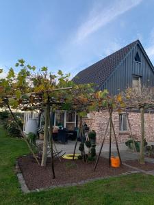 una casa con un grupo de árboles en un patio en Ferienhaus im Grünen 