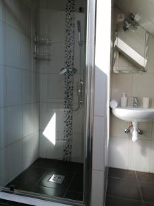 een badkamer met een douche en een wastafel bij Zita Apartman in Eger