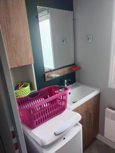 a bathroom with a pink basket on the sink at MOBIL HOME LE BIENVENUE 3 CH VALRAS PLAGE in Valras-Plage