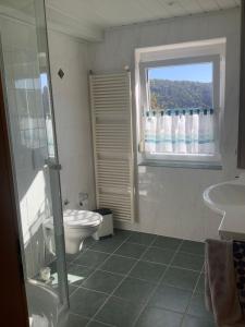 ein Bad mit einem WC, einem Waschbecken und einem Fenster in der Unterkunft Ferienwohnung Zur Sperrmauer in Edersee