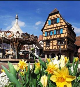 奧貝奈的住宿－L'Appar'T - Centre historique de Obernai，旋转木马前有黄色花的建筑