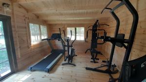 Un gimnasio con cintas de correr y bicicletas estáticas en una cabaña de troncos. en Castell Rose, en Prades