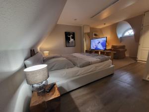 ein Schlafzimmer mit einem großen Bett und einem TV in der Unterkunft Ferienwohnung 9 in der Waldstraße 23 in Sankt Peter-Ording