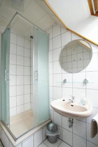 a bathroom with a sink and a shower at Havelschatz in Bensdorf