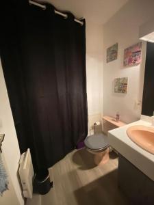 La salle de bains est pourvue de toilettes et d'un rideau de douche noir. dans l'établissement Trimaran Studio 10 mètres de la plage avec balcon/terrasse, à Mers-les-Bains
