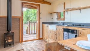 a kitchen with a stove and a wooden floor at Betty Shepherd's Hut in Lydney