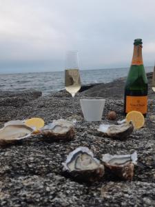 una bottiglia di vino, alcune ostriche e una bottiglia di champagne di Appartement Corniche I 40 M2 - 40 M de l'eau ! AU CALME wir sprechen flieBen deutsch, Touristentipps, we speak English a Concarneau