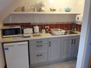 a kitchen with a microwave and a sink at Cedar Lodge Self Catering Accommodation H91 CF9D in Gort