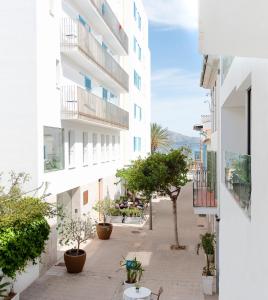 une cour avec des plantes en pot et des bâtiments dans l'établissement Apartamento Antonio - Puerto Pollensa, à Port de Pollença