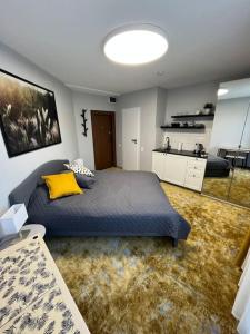 a bedroom with a large bed and a kitchen at Morena 206 in Klaipėda