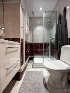 a bathroom with a glass shower and a toilet at Morena 206 in Klaipėda