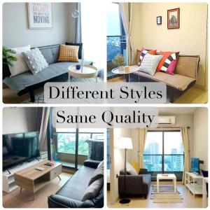 a collage of pictures of a living room with different furniture at Lumpini Makkasan Elit Condo in Bangkok