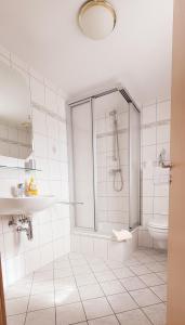 La salle de bains est pourvue d'une douche, d'un lavabo et de toilettes. dans l'établissement Zum Unstrut Radler, 