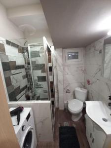 a bathroom with a toilet and a shower and a sink at Kassandrou Deluxe Apartment in Thessaloniki