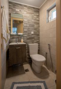een badkamer met een toilet, een wastafel en een spiegel bij Casa di Kasta, in Hersonissos in Agrianá