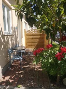 Kleine Ferienwohnung mit Garten في بادن: فناء مع طاولة وكراسي وزهور حمراء