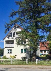 un edificio blanco con un árbol delante en strandnahe FeWo mit Floß ( 24 h) und eigenem Kanu, en Mirow