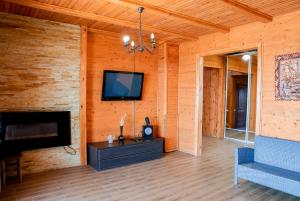uma sala de estar com lareira e televisão em Villa SeaZone em Zatoka