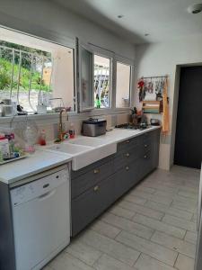 a kitchen with a sink and a stove top oven at BORA BORA Maison les palmiers. in Venelles