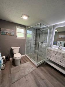 a bathroom with a shower and a toilet and a sink at Spacious 4 bedroom with 2 baths with Pool and boat dock in Crystal River