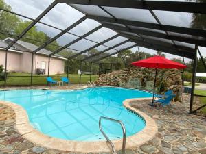 a large swimming pool with an umbrella and a red umbrella at Spacious 4 bedroom with 2 baths with Pool and boat dock in Crystal River