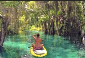 a woman sitting on a kayak in a river at Spacious 4 bedroom with 2 baths with Pool and boat dock in Crystal River