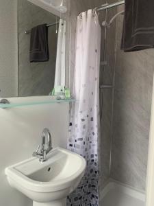 W łazience znajduje się umywalka i prysznic. w obiekcie The Woodleigh family hotel w Blackpool