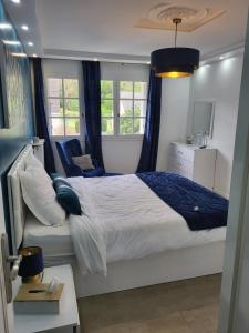 a bedroom with a large bed with blue curtains at Villa Alice in Blérancourt