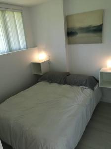 a white bed in a bedroom with two lamps at Le 4 SAISONS 2 in Beaupré