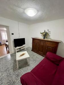 a living room with a purple couch and a tv at Casa vacanze Da Meryon in Albiano +25 photos