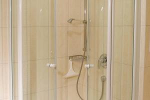 eine Dusche mit Glastür in der Unterkunft Dünenschloss Dünenschloss 2-09 in Kühlungsborn
