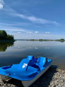 a blue boat sitting on the shore of a lake at Agroturystyka Widokówka Nielisz in Nielisz