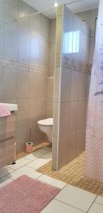 łazienka z prysznicem, umywalką i toaletą w obiekcie Koukie Family House w mieście Le Grau-dʼAgde +6 zdjęć