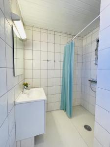 La salle de bains est pourvue d'un lavabo et d'une douche. dans l'établissement aday - Greenway 2 bedrooms apartment, à Frederikshavn