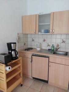 een kleine keuken met houten kasten en een wastafel bij Ferienquartier Z3 in Zinnowitz