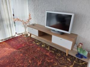 een woonkamer met een televisie op een houten entertainmentcentrum bij Ferienquartier Z3 in Zinnowitz