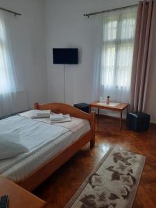 a bedroom with a bed and a television and a table at Vila Viorica in Sovata +22 photos