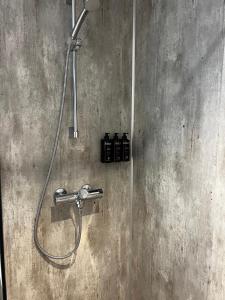 a shower in a bathroom with a shower head at Frichs Ekspress Åndalsnes in Åndalsnes