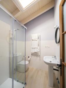 a bathroom with a glass shower and a sink at Casa Rural Picu Llagos in Cangas de Onís