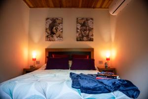 een slaapkamer met een bed met twee foto's aan de muur bij El balcón de la Penela in Belesar