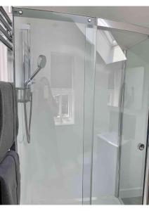 y baño con ducha y puerta de cristal. en Acorn Attic, a modern, new first floor garden annex, en Great Ouseburn