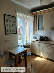 a kitchen with a table and chairs and a microwave at LuLu Apartamento Centro in Łagów