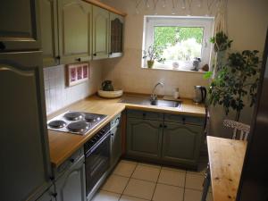 cocina con fogones, fregadero y ventana en FEWO Mariposa, en Riegelsberg