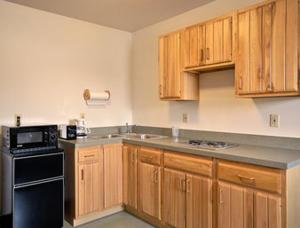 a kitchen with wooden cabinets and a black stove at Northwoods Inn and Suites in Ely
