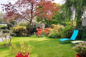 a yard with a blue chair and some flowers at Belle maison récente proche des plages in Kermaria-Sulard