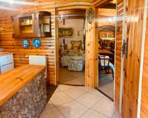 een keuken en een woonkamer in een blokhut bij Dolina Smoków na półwyspie in Przytoń