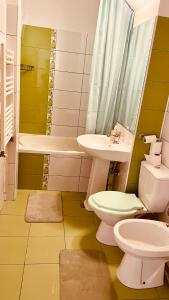 uma casa de banho com um lavatório, um WC e um lavatório. em C-House Inchiriaza Apartament 2 Camere in Regim Hotelier em Râmnicu Vâlcea