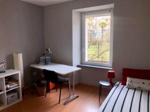 Zimmer mit einem Schreibtisch, einem Bett und einem Fenster in der Unterkunft Da Giuditta FreeCarPark&Garden in Domodossola